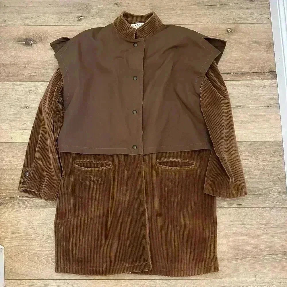 Vintage Corduroy Coat with Sleeveless Overlay – Unique Brown Layered Jacket